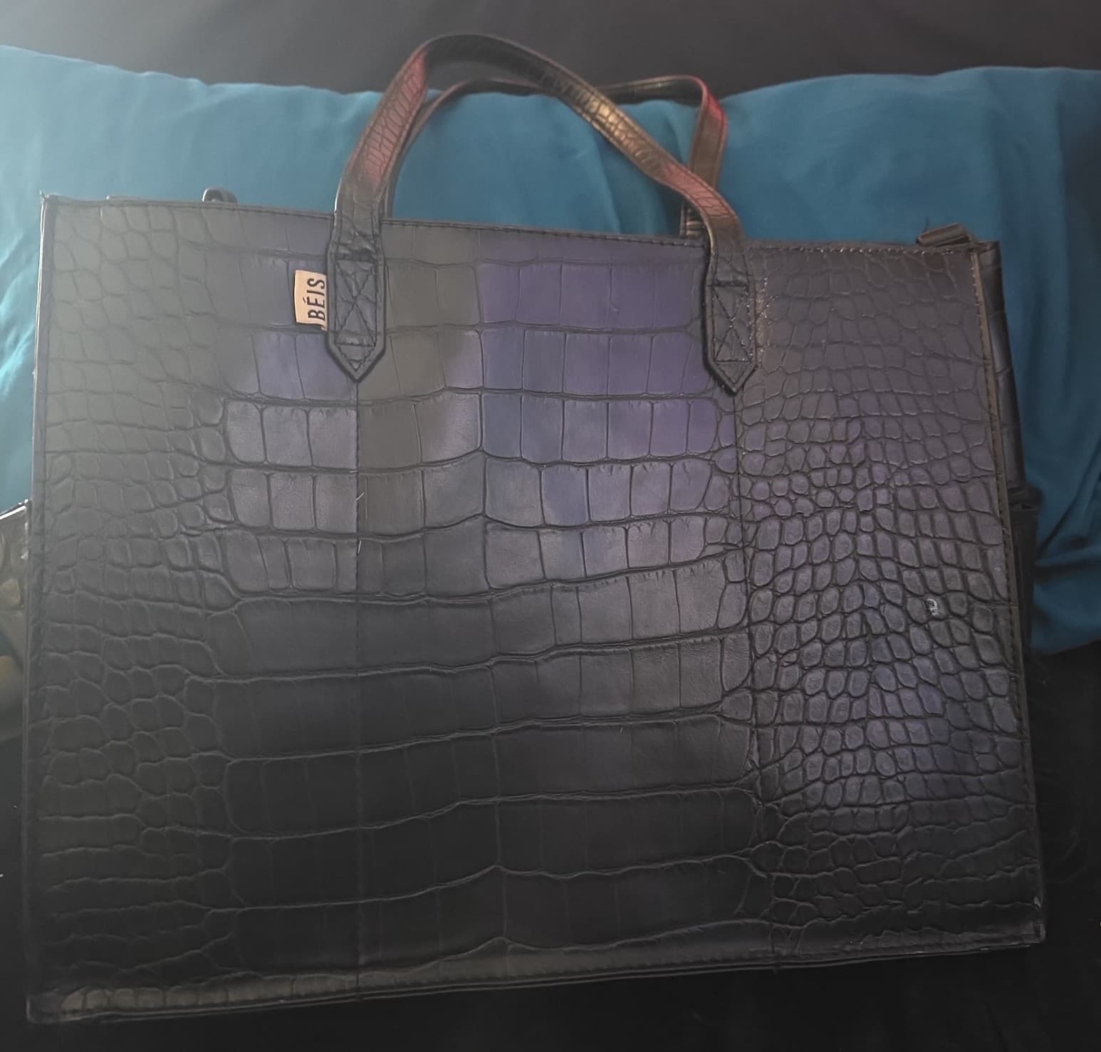 Beis Large Work Tote Black Carry On Alligator Print Laptop Bag