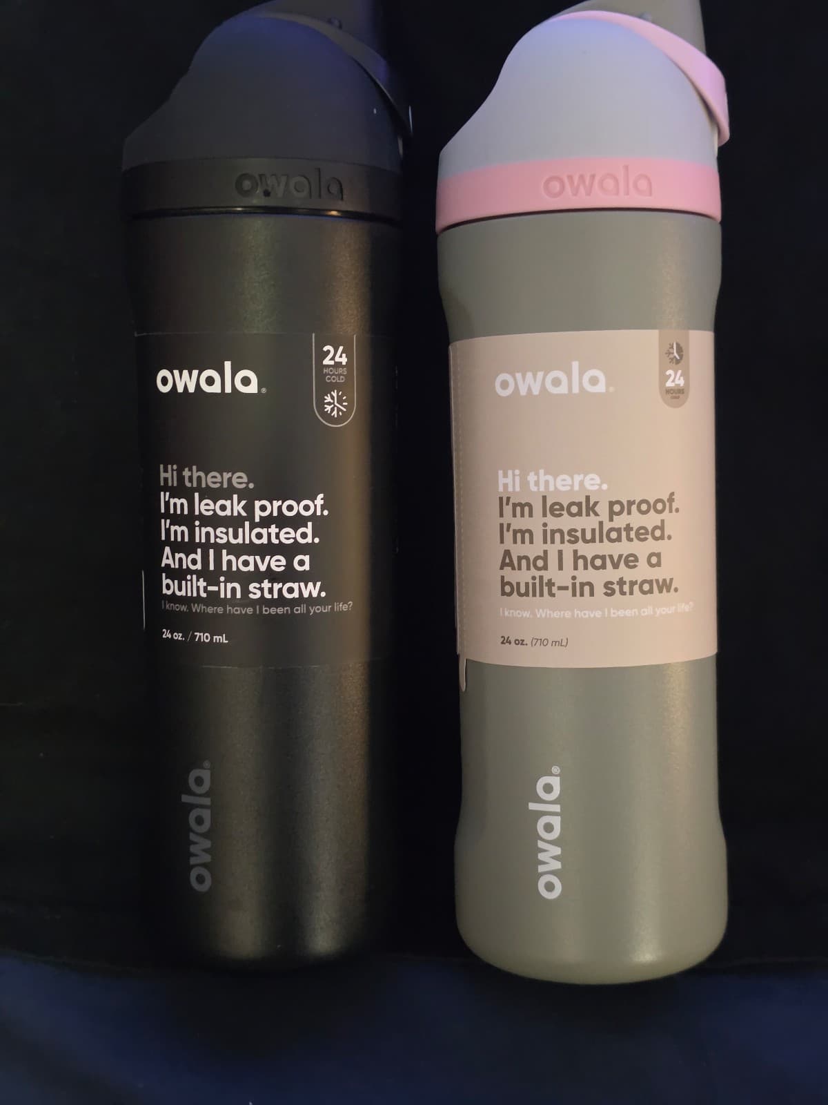 Two Owala Freesip 24oz stainless steel 1 "very very dark" & "grow with the flow"