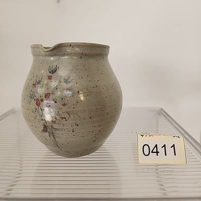 Handmade Pitcher Poterie de la Source Gray Flowers Incised 1983 Vintage