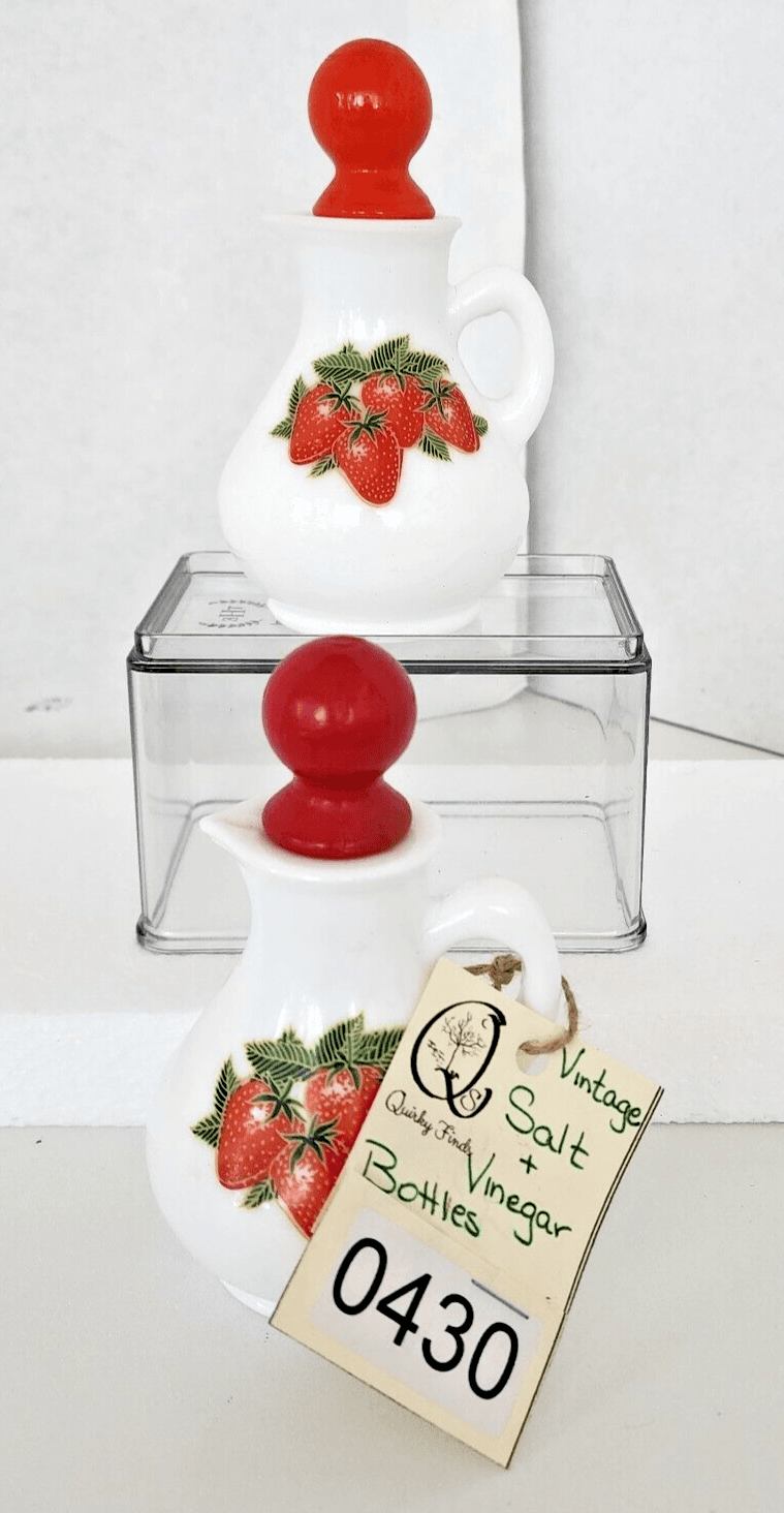 Retro White Milk Glass Strawberry Oil Vinegar Vintage Small Cruets 5.5" w/cork