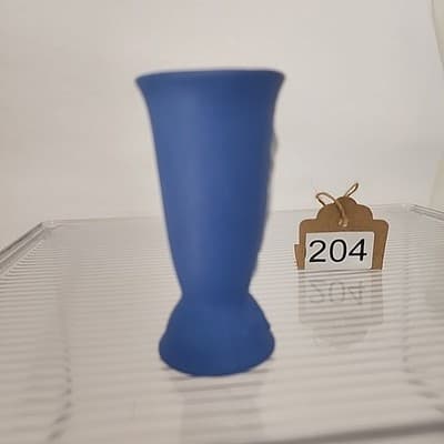German Jasperware Mini Bud Blue Vase 3.25" Vintage woman holding harp relief - Thumbnail 2