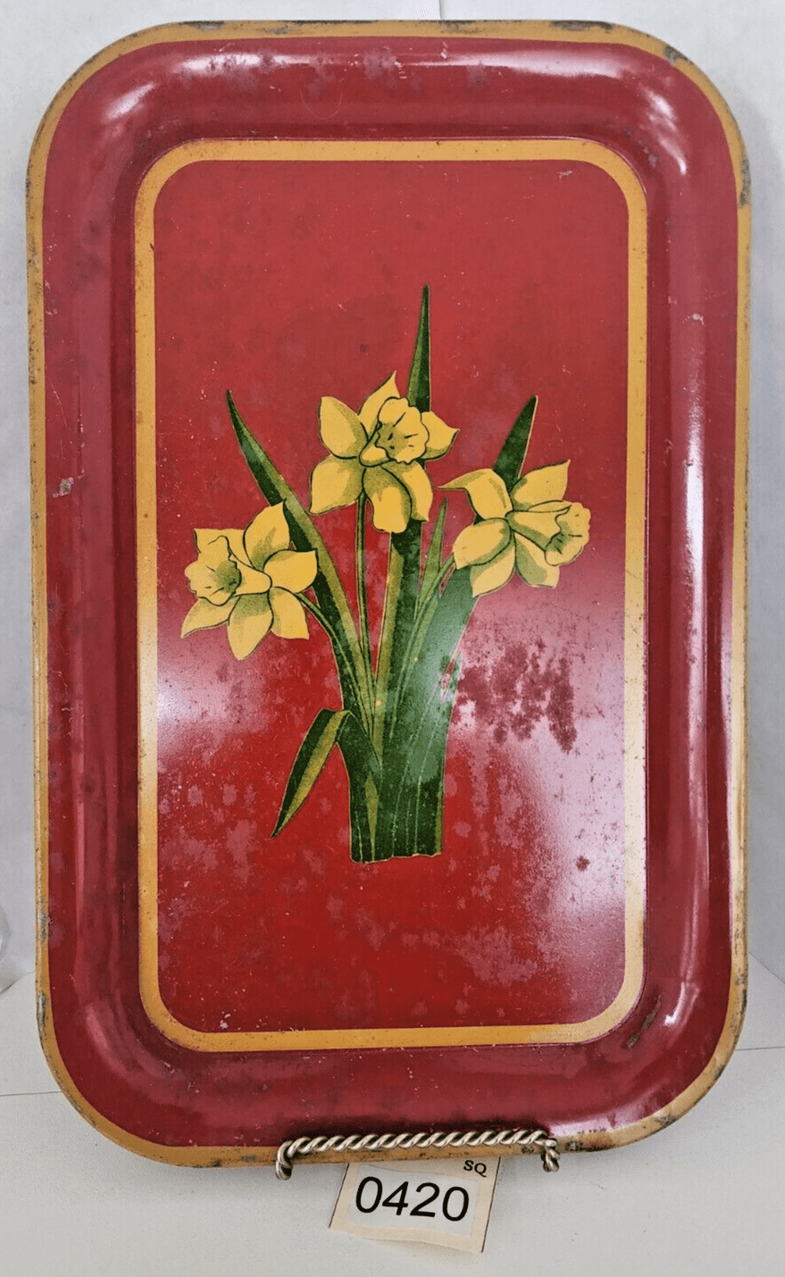 Vintage Red Metal Tray Mustard Yellow Daffodils Green Leaves 14" x 9"