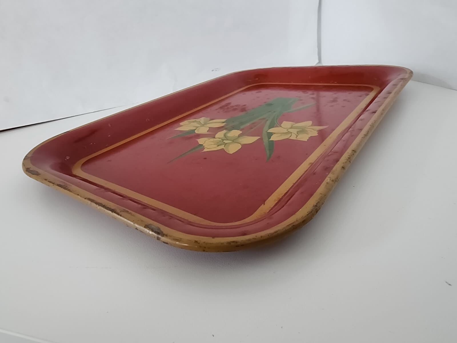 Vintage Red Metal Tray Mustard Yellow Daffodils Green Leaves 14" x 9" - Thumbnail 6