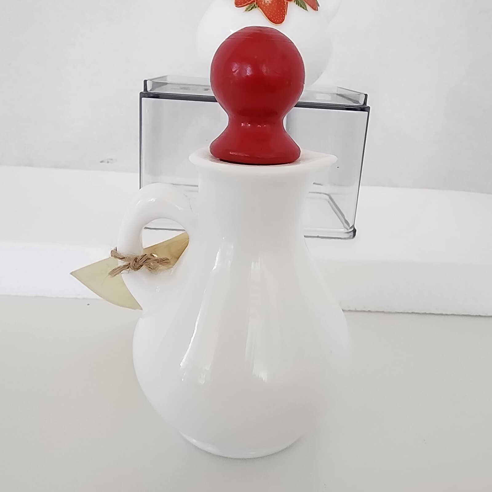 Retro White Milk Glass Strawberry Oil Vinegar Vintage Small Cruets 5.5" w/cork - Thumbnail 12