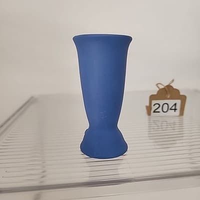 German Jasperware Mini Bud Blue Vase 3.25" Vintage woman holding harp relief - Thumbnail 3