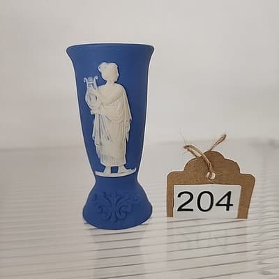 German Jasperware Mini Bud Blue Vase 3.25" Vintage woman holding harp relief