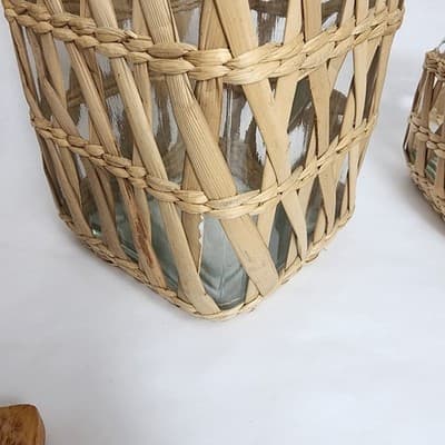 Lidded Seagrass Glass Wicker Boho Retro Square Storage Jar Vintage Set of 4 - Thumbnail 14