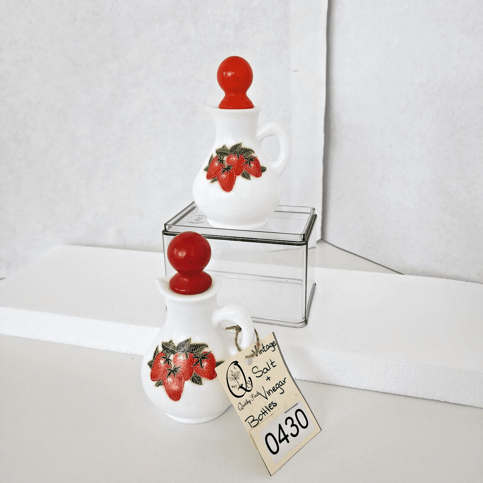 Retro White Milk Glass Strawberry Oil Vinegar Vintage Small Cruets 5.5" w/cork - Thumbnail 2