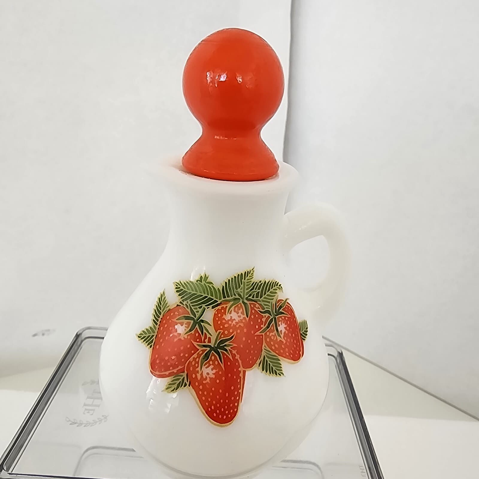 Retro White Milk Glass Strawberry Oil Vinegar Vintage Small Cruets 5.5" w/cork - Thumbnail 10