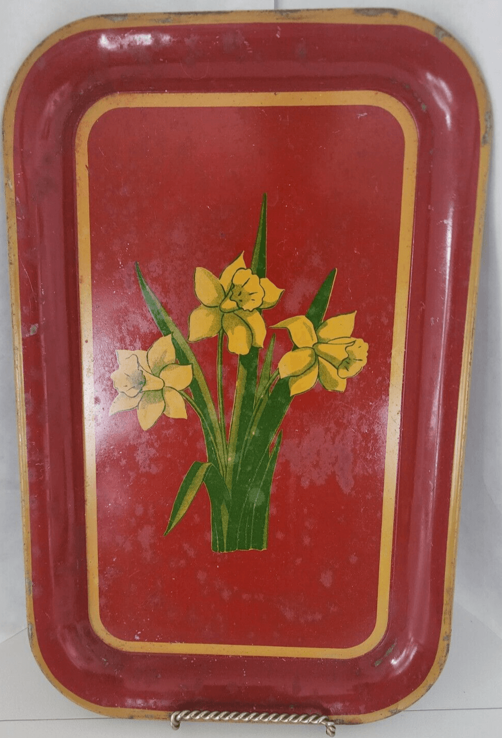Vintage Red Metal Tray Mustard Yellow Daffodils Green Leaves 14" x 9" - Thumbnail 12