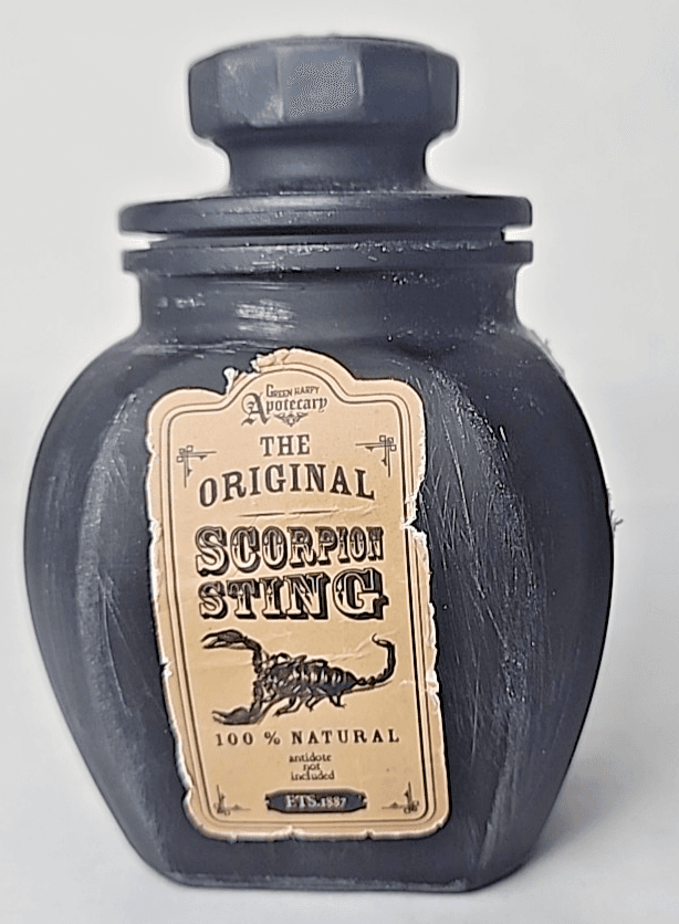 Scorpion Sting Apothecary Jar Handcrafted Black Aged Style Label