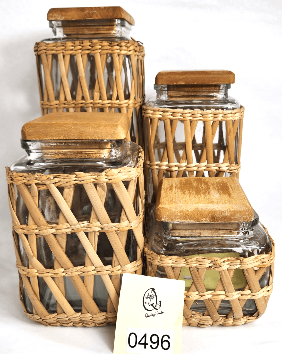 Lidded Seagrass Glass Wicker Boho Retro Square Storage Jar Vintage Set of 4 - Thumbnail 2