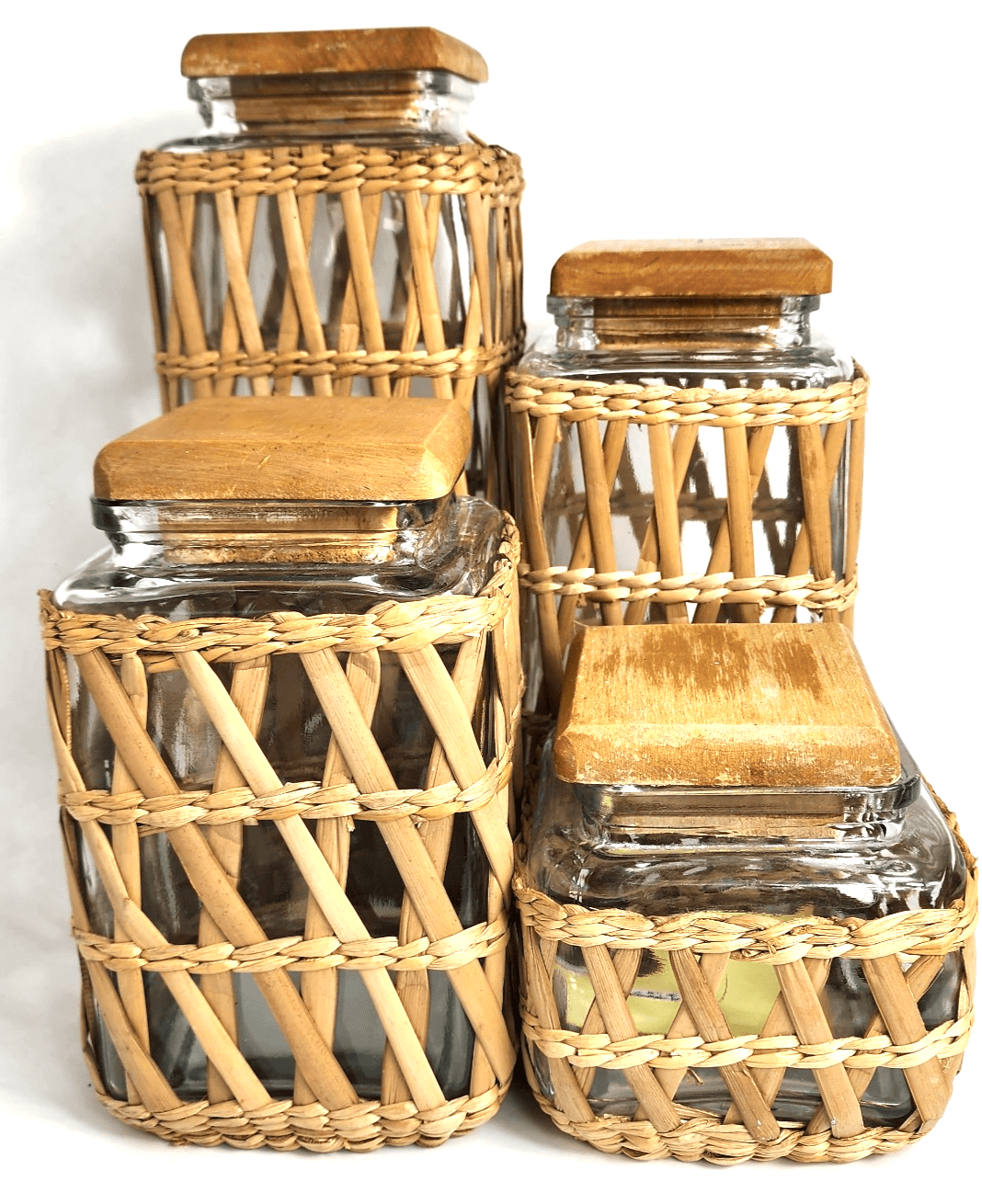 Lidded Seagrass Glass Wicker Boho Retro Square Storage Jar Vintage Set of 4