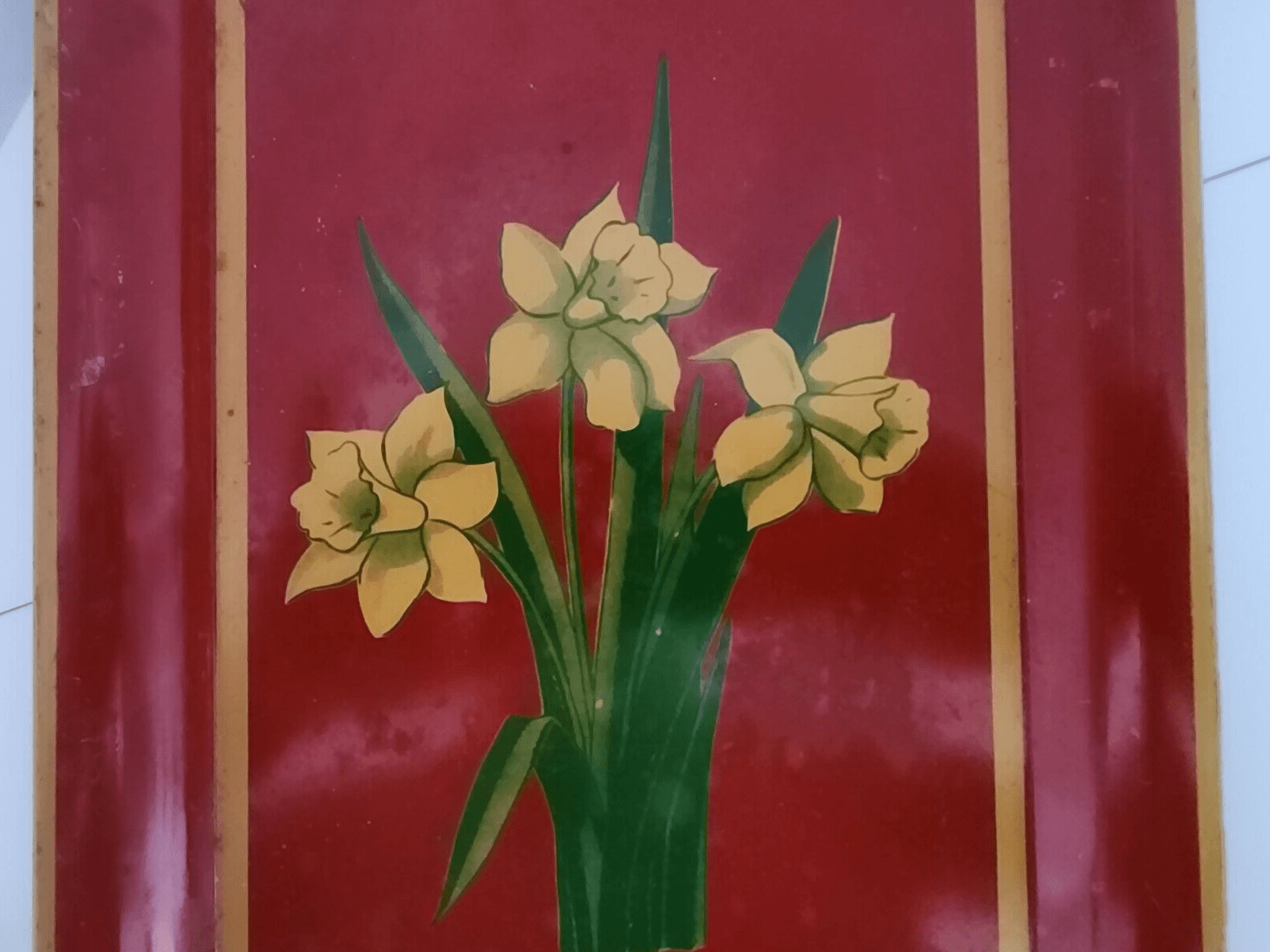 Vintage Red Metal Tray Mustard Yellow Daffodils Green Leaves 14" x 9" - Thumbnail 8