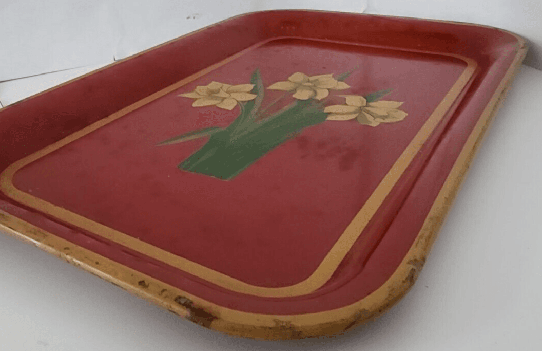 Vintage Red Metal Tray Mustard Yellow Daffodils Green Leaves 14" x 9" - Thumbnail 7