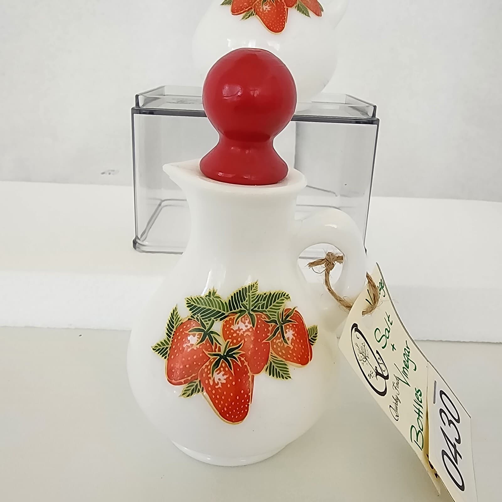 Retro White Milk Glass Strawberry Oil Vinegar Vintage Small Cruets 5.5" w/cork - Thumbnail 13