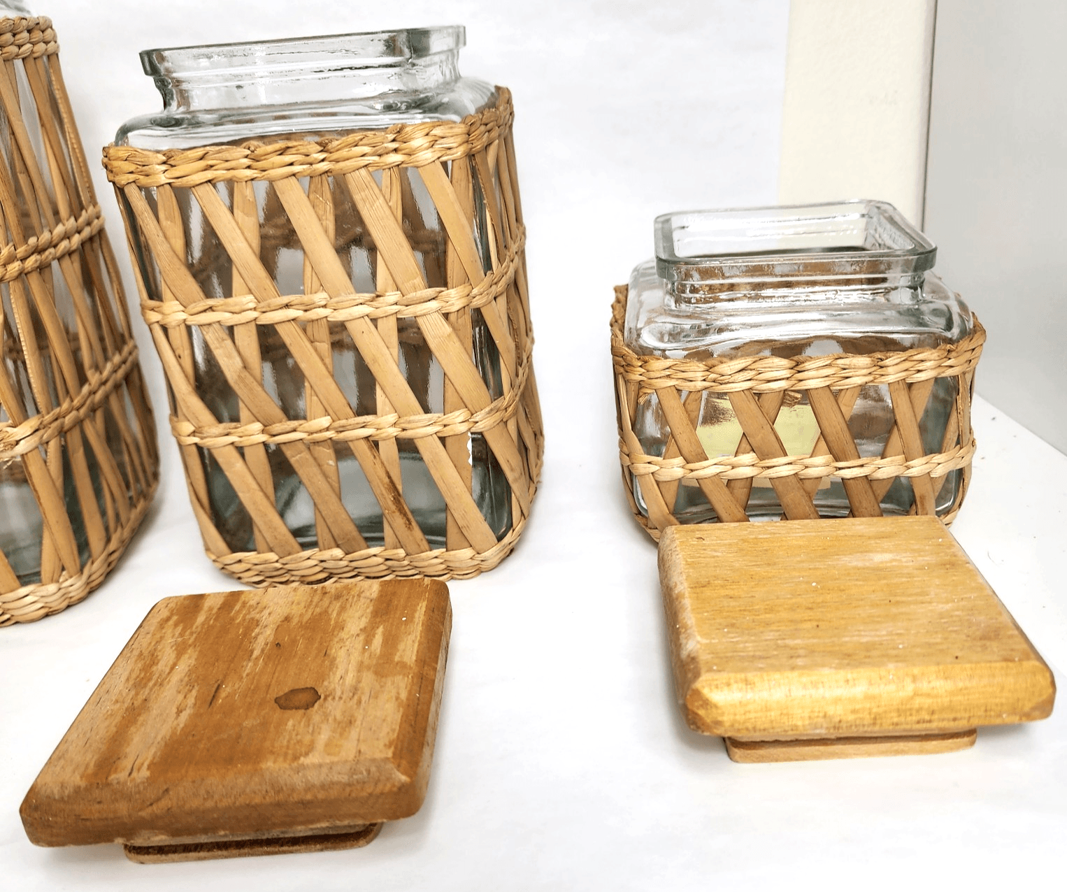 Lidded Seagrass Glass Wicker Boho Retro Square Storage Jar Vintage Set of 4 - Thumbnail 4