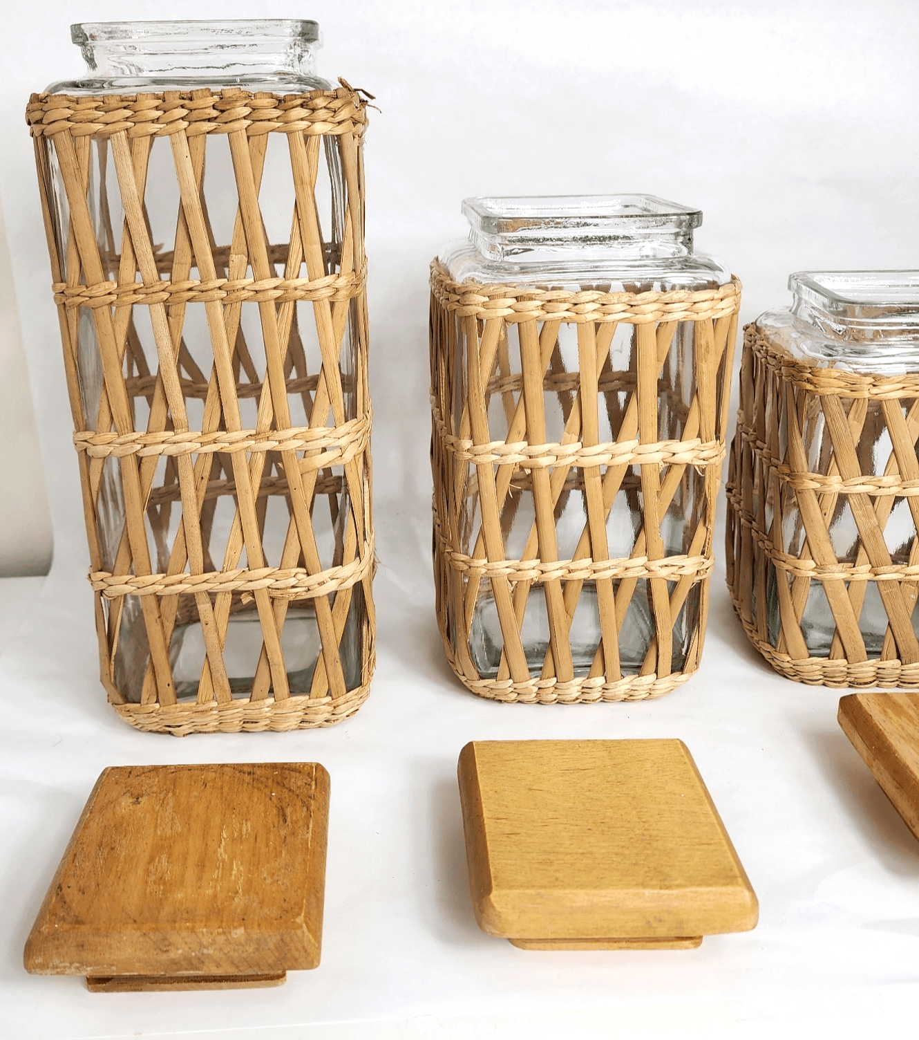 Lidded Seagrass Glass Wicker Boho Retro Square Storage Jar Vintage Set of 4 - Thumbnail 3
