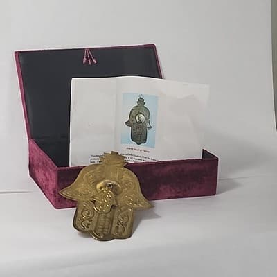 Ancient Jewish Hamsa Hand of Fatima Moroccan Judism Vintage Brass Velvet Box - Thumbnail 12