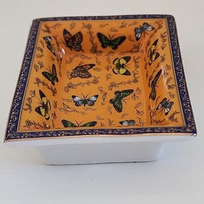 Orange Butterfly Small Jewelry Dish Porcelain/Ceramic Blue Edge 3" x 2.25 x .75 - Thumbnail 3