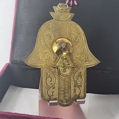 Ancient Jewish Hamsa Hand of Fatima Moroccan Judism Vintage Brass Velvet Box - Thumbnail 2