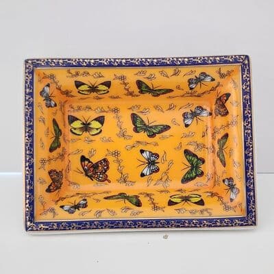 Orange Butterfly Small Jewelry Dish Porcelain/Ceramic Blue Edge 3" x 2.25 x .75 - Thumbnail 2