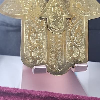 Ancient Jewish Hamsa Hand of Fatima Moroccan Judism Vintage Brass Velvet Box - Thumbnail 7