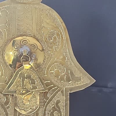 Ancient Jewish Hamsa Hand of Fatima Moroccan Judism Vintage Brass Velvet Box - Thumbnail 5