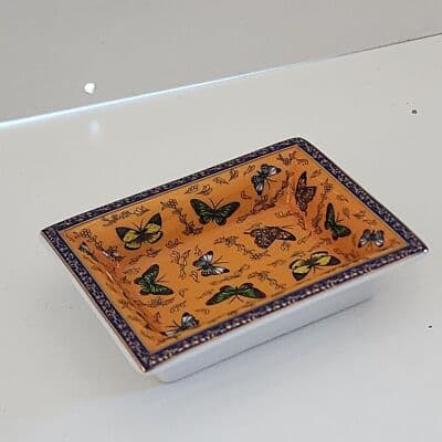 Orange Butterfly Small Jewelry Dish Porcelain/Ceramic Blue Edge 3" x 2.25 x .75 - Thumbnail 5