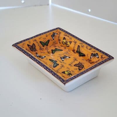 Orange Butterfly Small Jewelry Dish Porcelain/Ceramic Blue Edge 3" x 2.25 x .75 - Thumbnail 4