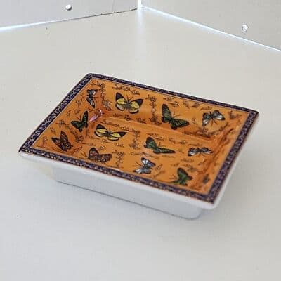 Orange Butterfly Small Jewelry Dish Porcelain/Ceramic Blue Edge 3" x 2.25 x .75