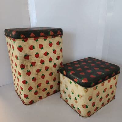 Vintage Strawberry Tin Canister Set Made in USA Red White Brown Potpourri Press - Thumbnail 5
