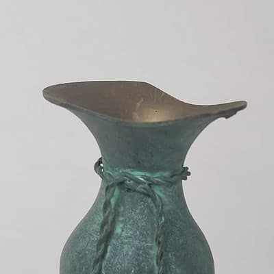 Vintage Small Brass Bud Vase Flare Rope Tassel Tie 5.5" blue patina Made India - Thumbnail 15