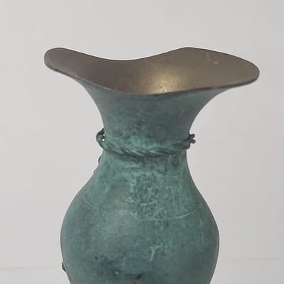 Vintage Small Brass Bud Vase Flare Rope Tassel Tie 5.5" blue patina Made India - Thumbnail 16