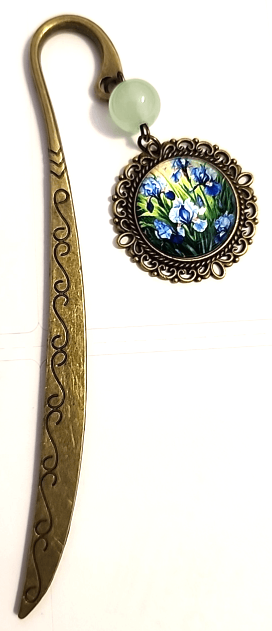 ~4.5” Bronze-tone Metal Hook Bookmark ~1” Iris Floral Dangle Pendant New