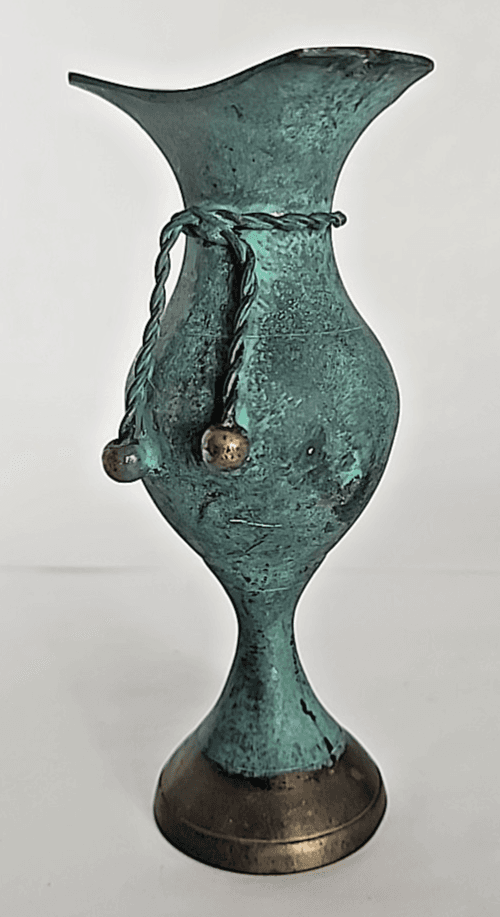 Vintage Small Brass Bud Vase Flare Rope Tassel Tie 5.5" blue patina Made India - Thumbnail 4