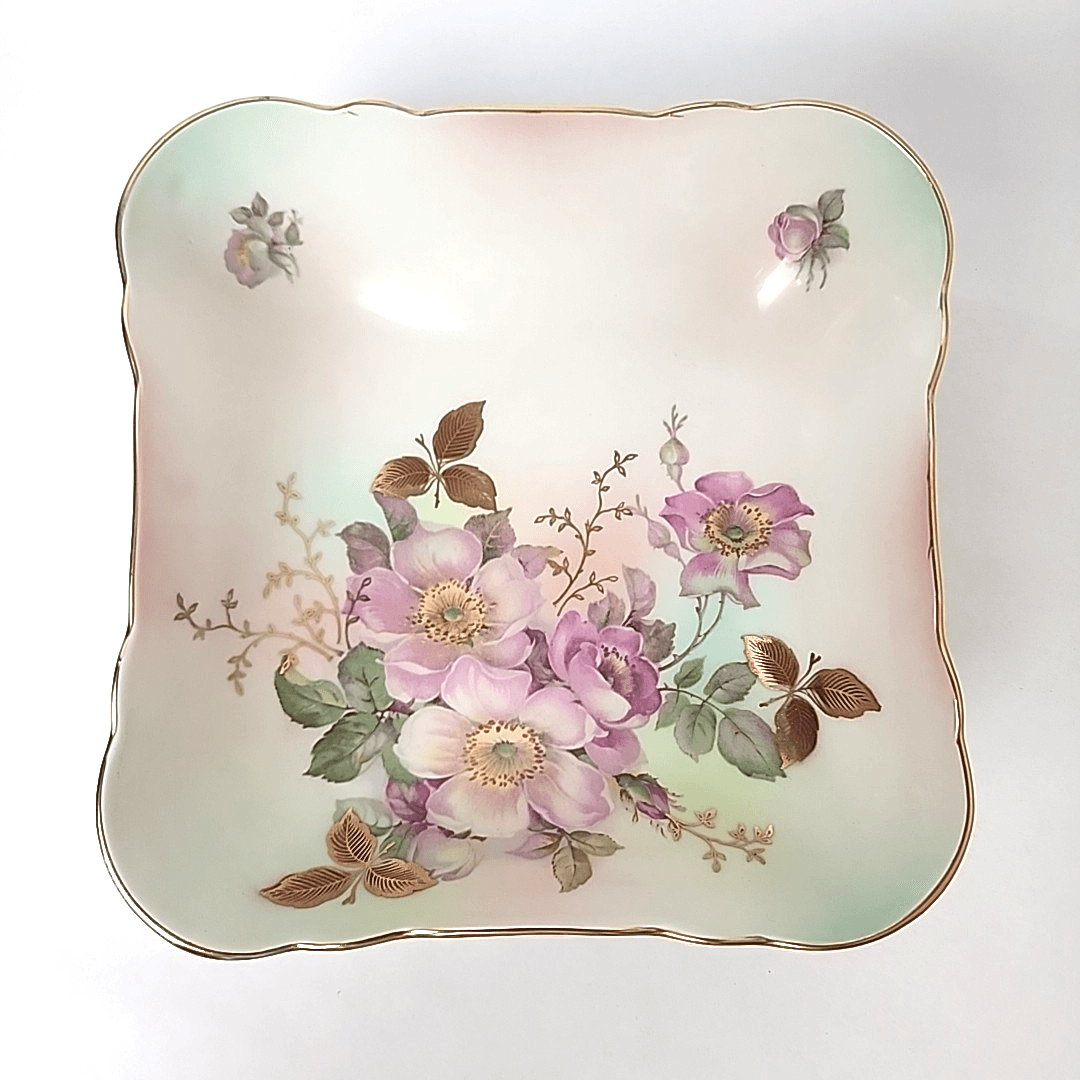 Bavaria Schumann Arzberg Germany Square Bowl Vintage WIld Rose Pattern Gold Gilt