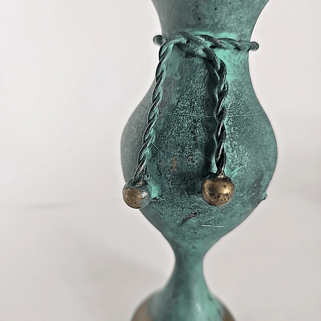 Vintage Small Brass Bud Vase Flare Rope Tassel Tie 5.5" blue patina Made India - Thumbnail 5