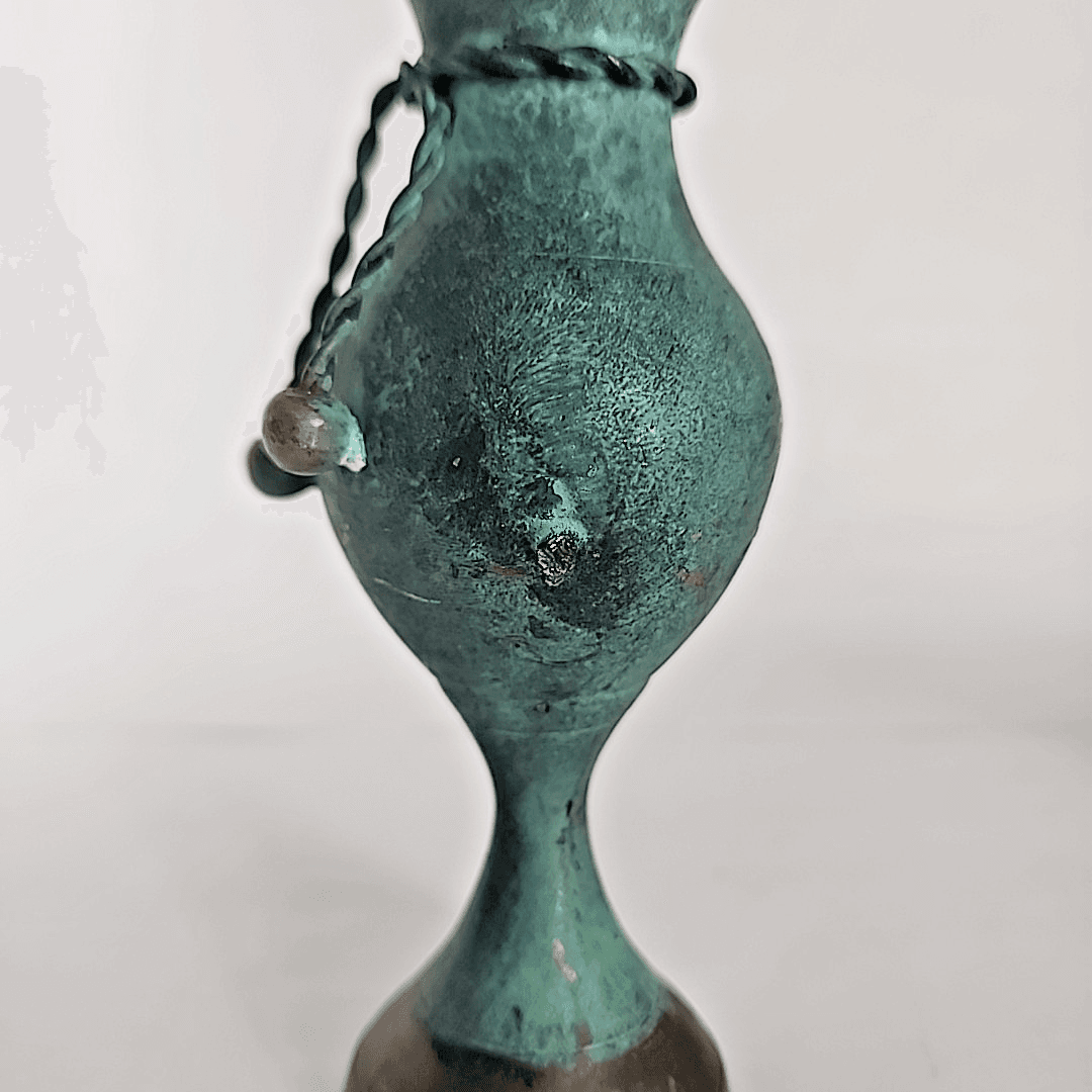Vintage Small Brass Bud Vase Flare Rope Tassel Tie 5.5" blue patina Made India - Thumbnail 6