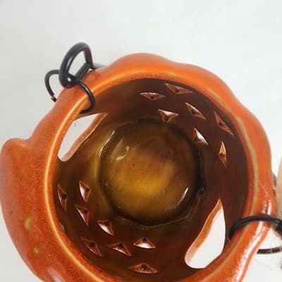 Ceramic Orange Owl Tea Light Holder Metal Handle Halloween Fall Decor Cute Fun - Thumbnail 6
