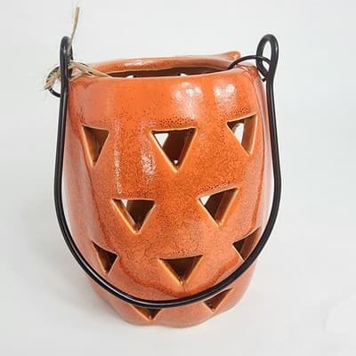 Ceramic Orange Owl Tea Light Holder Metal Handle Halloween Fall Decor Cute Fun - Thumbnail 4