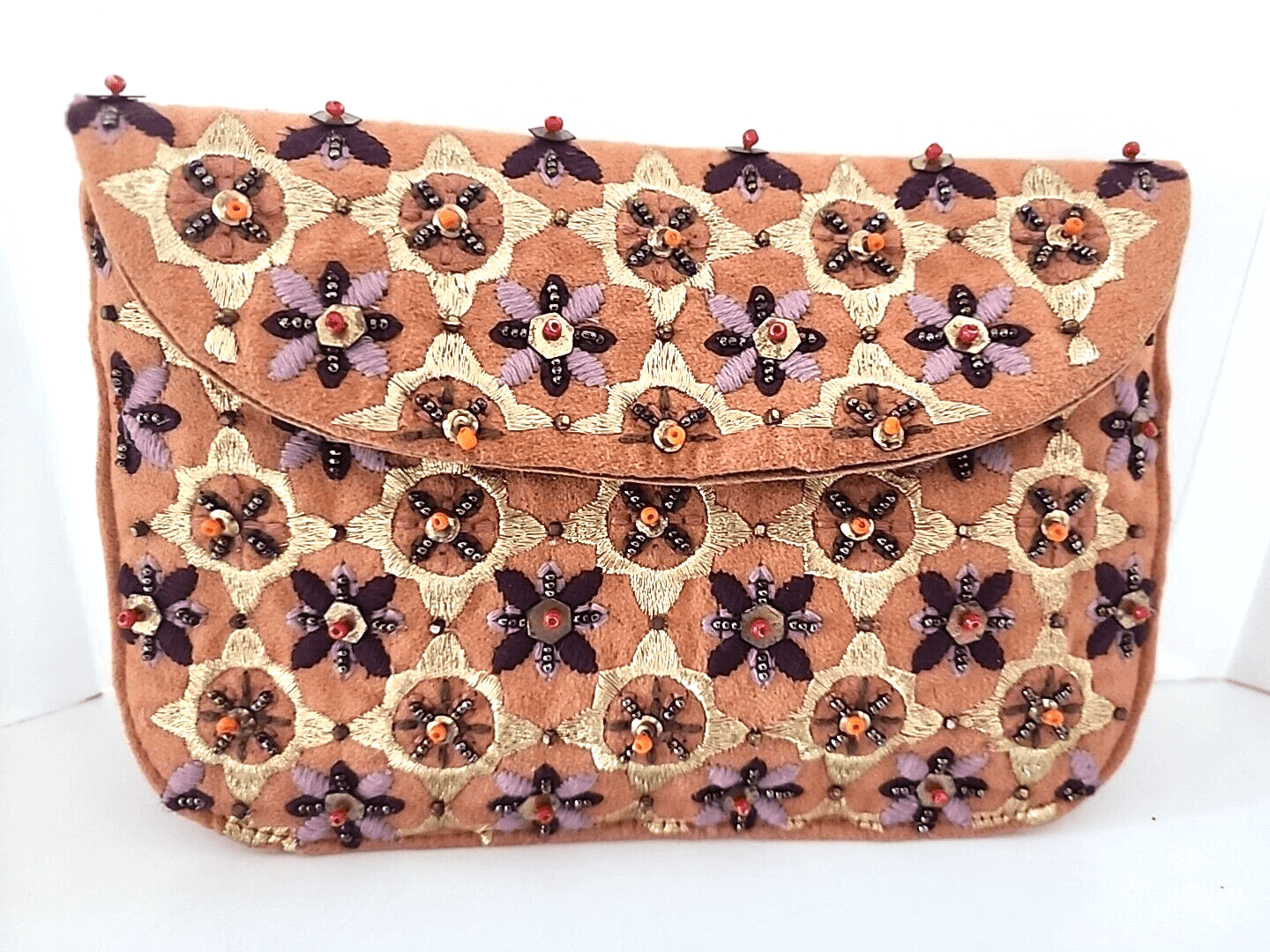 Camel Brown Beaded Embroidered Flower Purse Crossbody Chain Tassels India NWOT