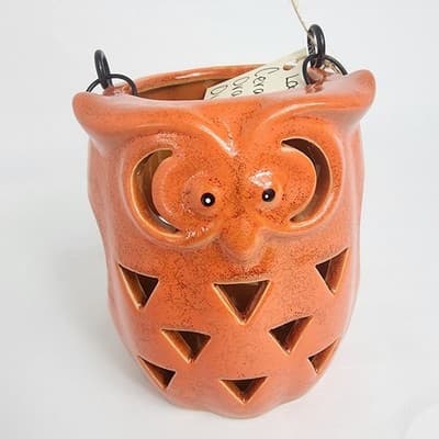 Ceramic Orange Owl Tea Light Holder Metal Handle Halloween Fall Decor Cute Fun - Thumbnail 2