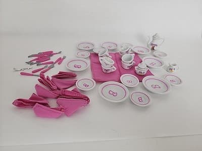 Vintage Barbie Strombecker China Tea Set of 8 Napkins Some Utensils Incomplete
