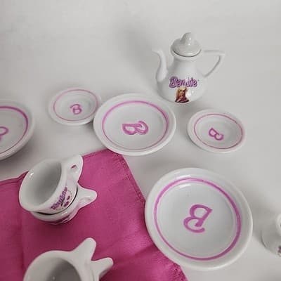 Vintage Barbie Strombecker China Tea Set of 8 Napkins Some Utensils Incomplete - Thumbnail 2