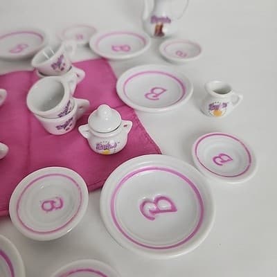 Vintage Barbie Strombecker China Tea Set of 8 Napkins Some Utensils Incomplete - Thumbnail 3