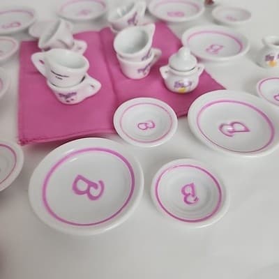 Vintage Barbie Strombecker China Tea Set of 8 Napkins Some Utensils Incomplete - Thumbnail 4