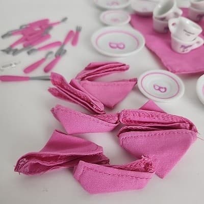Vintage Barbie Strombecker China Tea Set of 8 Napkins Some Utensils Incomplete - Thumbnail 5