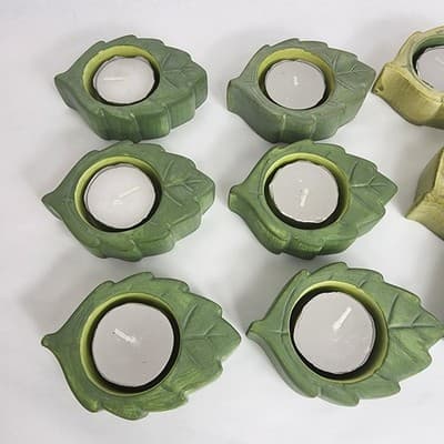 5 Light Green 7 Dark Green Leaf Tea Light Holders 12 Total Includes 12 Candles - Thumbnail 2