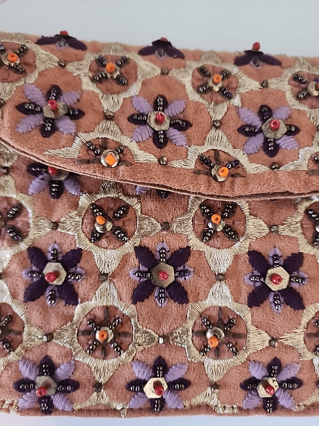 Camel Brown Beaded Embroidered Flower Purse Crossbody Chain Tassels India NWOT - Thumbnail 5
